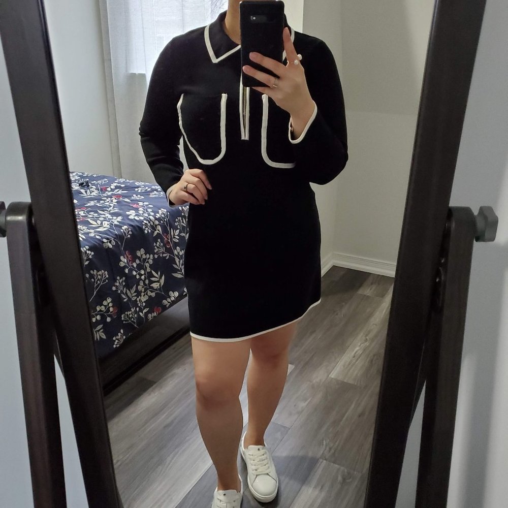 Zara Black Long Sleeve Knit Mini Dress with White Trim